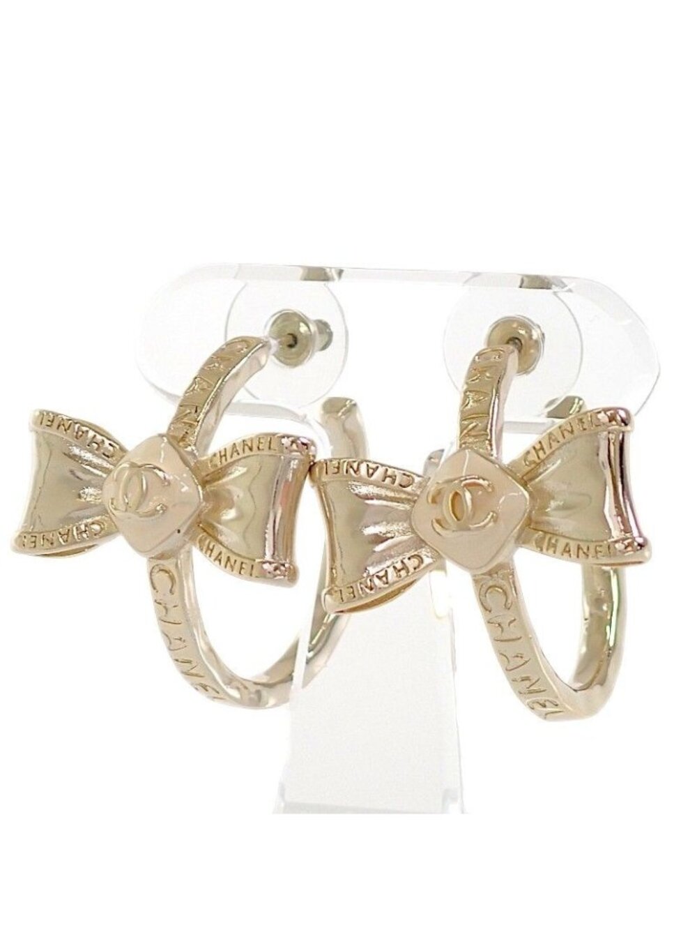 Chanel Ribbon Hoop CC Logo Earrings Metal Gold